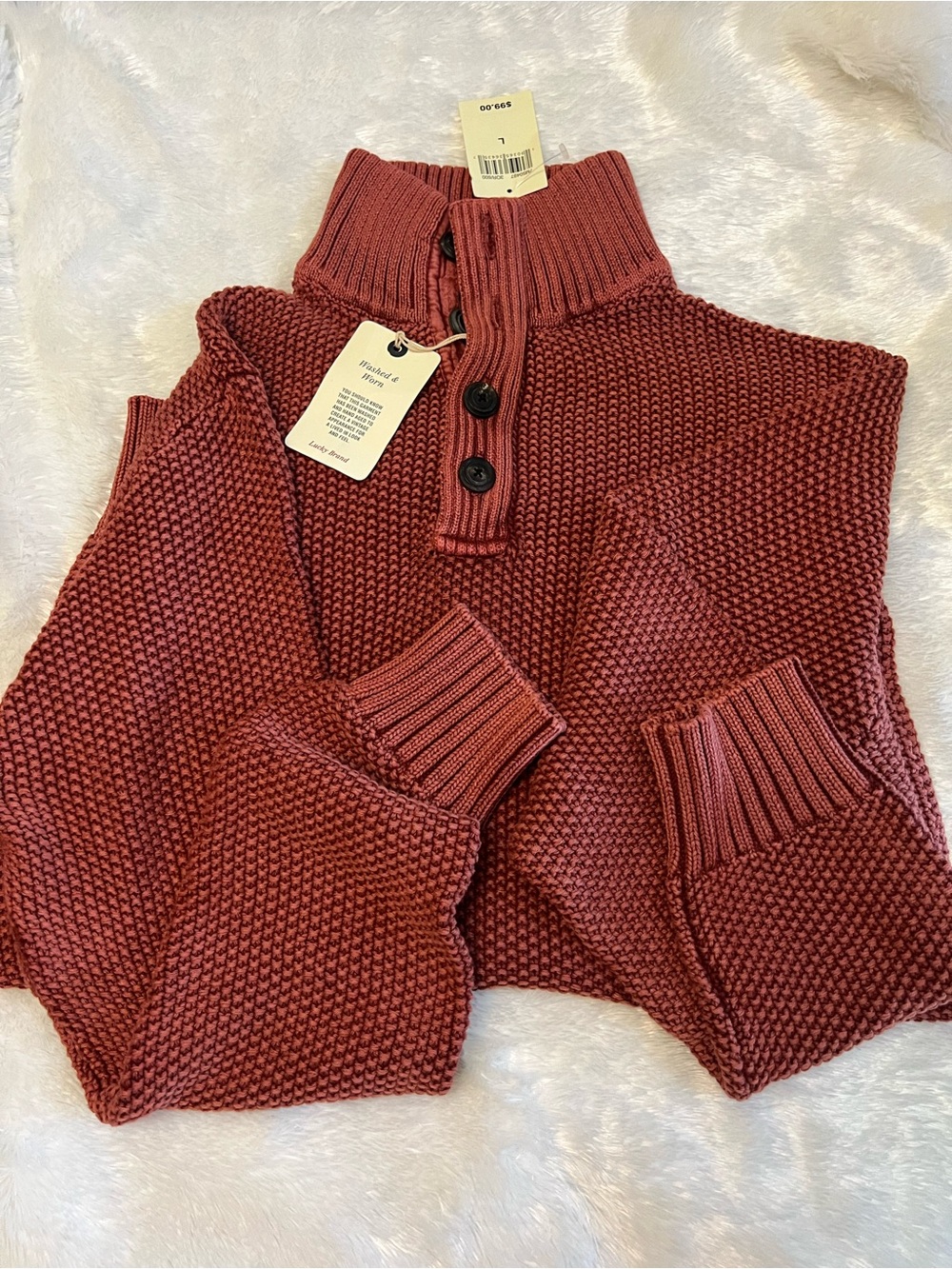 Lucky Brand Brick Red Ribbed Funnel Neck Button Pullover Sweater - Picture 4 of 9